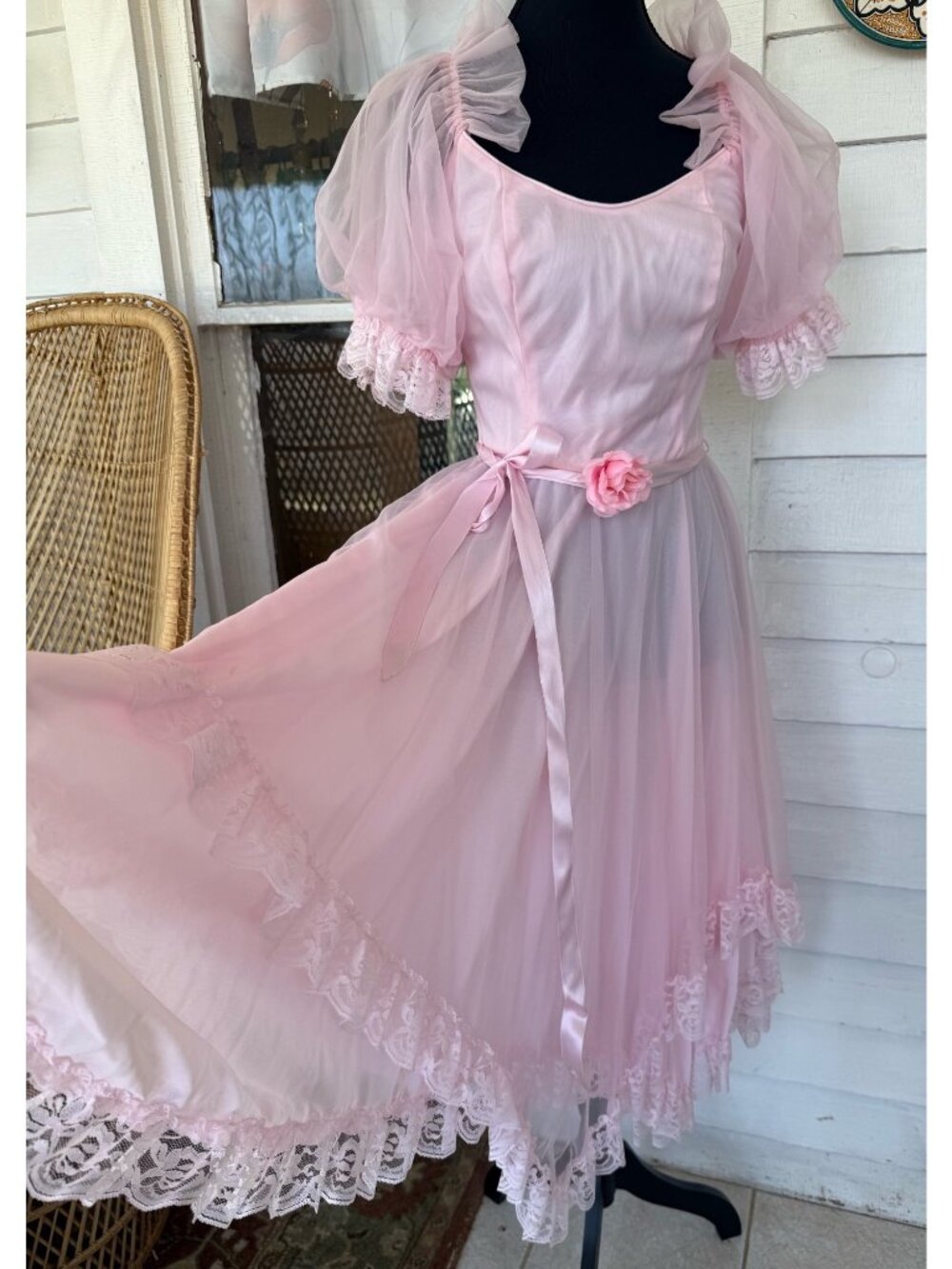 Vintage 80s Bubble Gum Pink Sheer Nylon & Lace Party Dress Balloon Sleeves Sz M - Picture 7 of 16